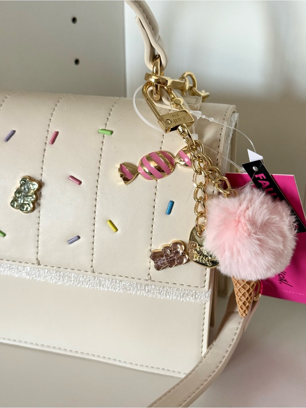 Betsey Johnson Cream Crossbody Bag with Candy Charms and Gold Chain - Picture 4 of 5